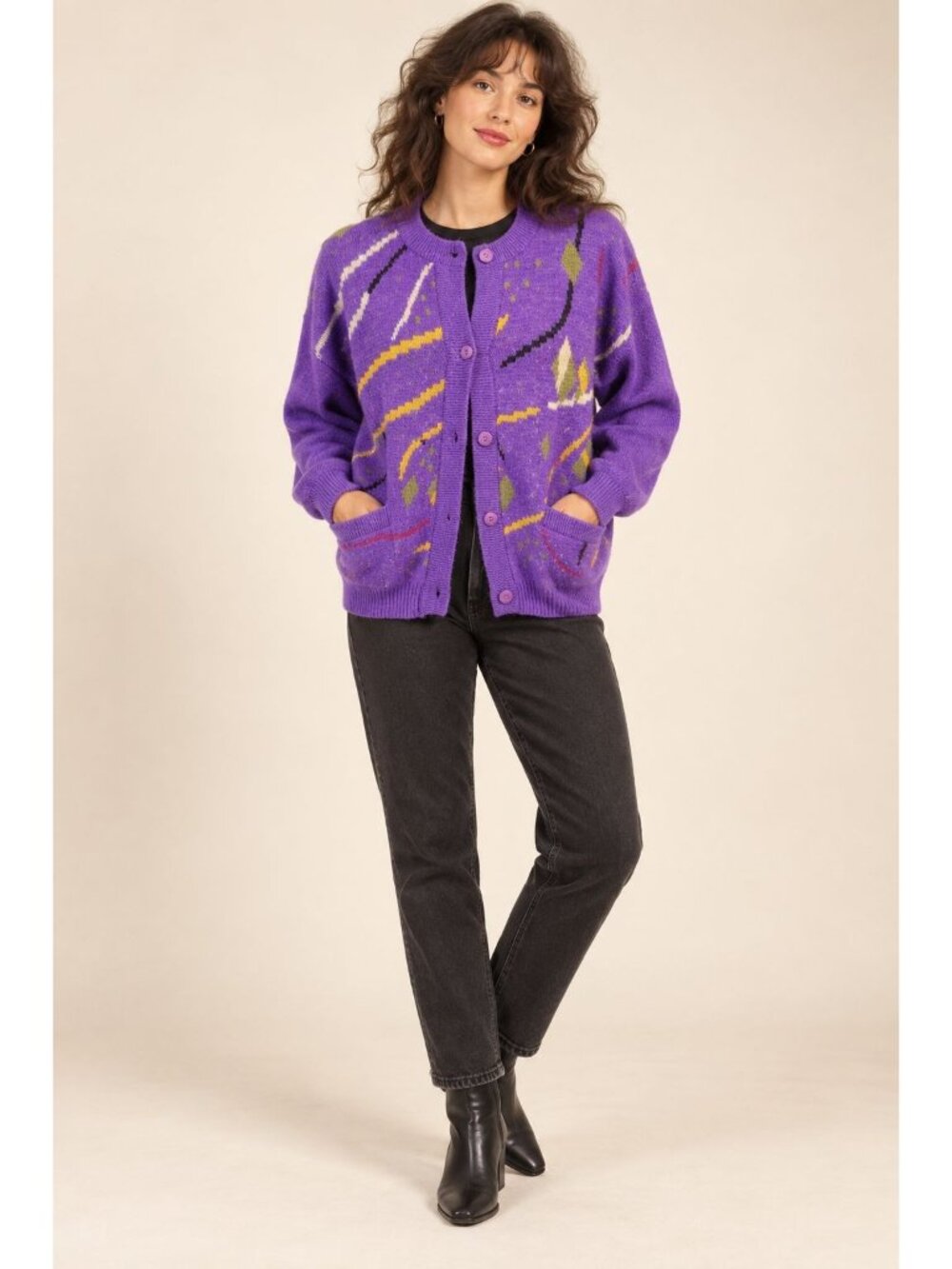 Ruiz vintage, multi-colored abstract knit cardigan in a vibrant purple Size M